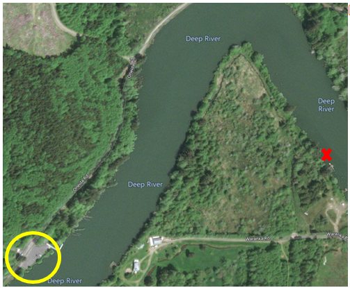 Location of abandoned barge and WDFW Deep River Boat Launch.